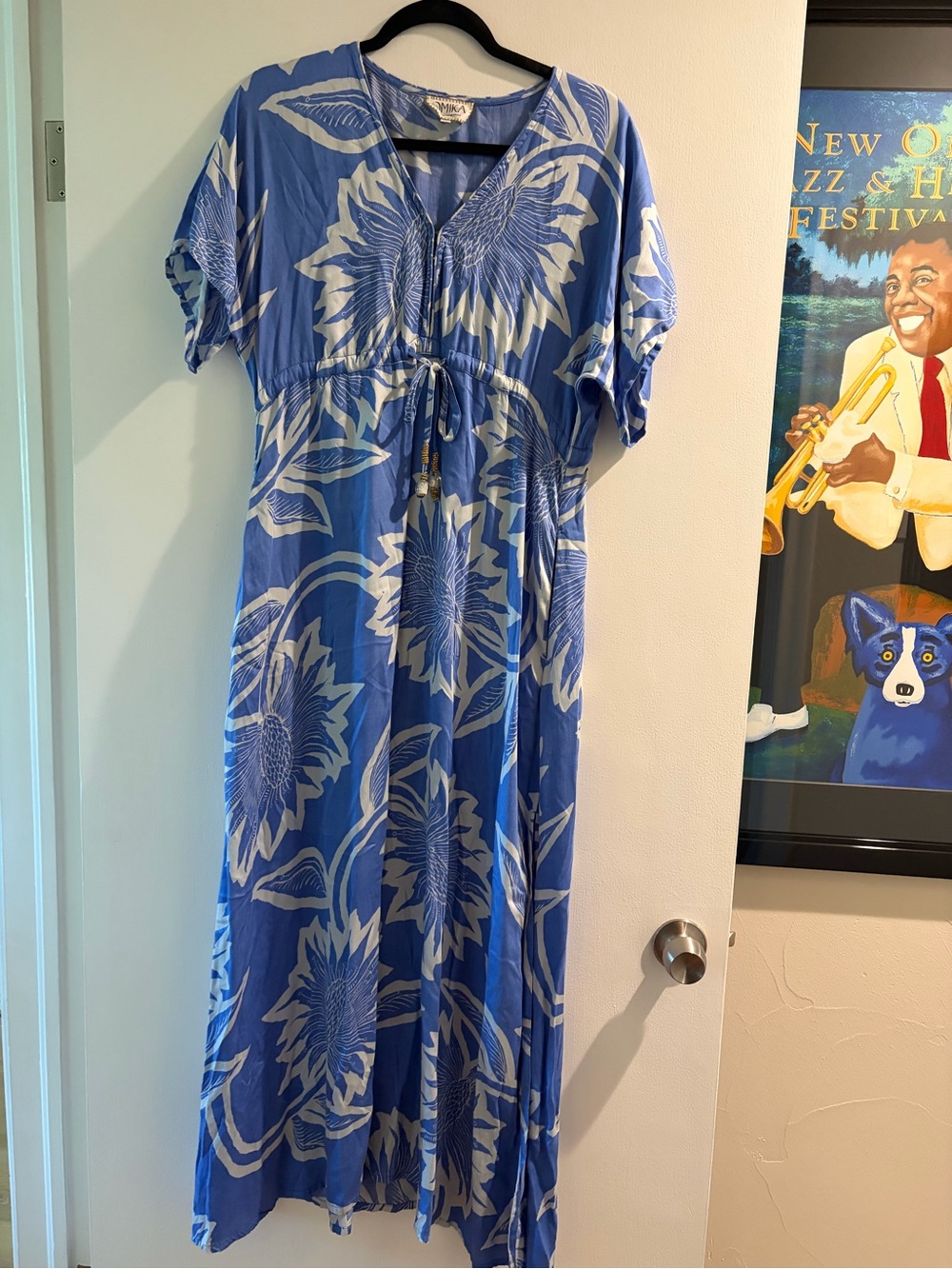 Omika Blue Floral  caftan Maxi Dress with Tie Waist